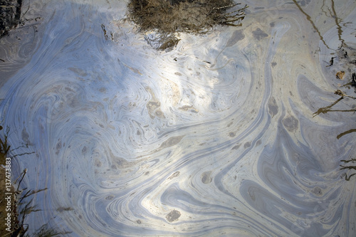 Photography Puddle of crude oil on the ground from an oil spill.