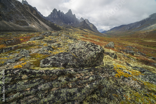 The Tombstone Valley in autumn colours with Tombstone Mountain rising above the tundra in Tombstone Territorial Park; Yukon, Canada