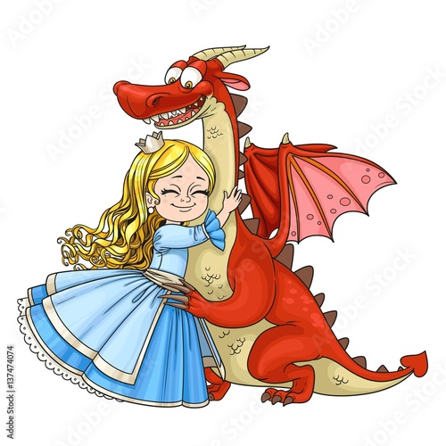 Little princess hugs dragon isolated on white background