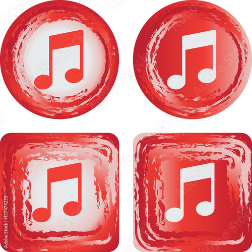 Musical sign. Note. Symbol. Grunge. Social media icons. Circles, squares - in grunge style buttons. Vector Image.