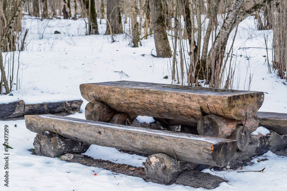 Wooden picnic table with benches Wooden picnic table with benches