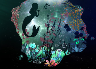 Keuken achterwand Zeemeermin Onderwaterwereld silhouet met fantasiewezens  © Nig3la