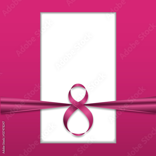 8 March Vector illustration Pink greeting card for 8 March is bandaged pink ribbon Realistic style
