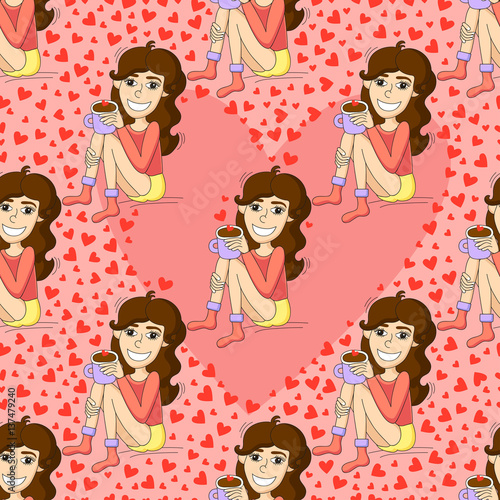 Сute girl drinking coffee. Seamless pattern with female and hearts. Cartoon background. 
