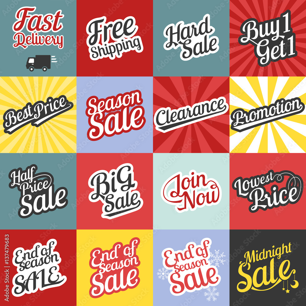 cardsheepBig set of typographic for sale and promotion in retro style with sunburst background, for website, poster, banner in business