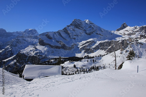 View from Gumen, Braunwald. Snow covered mountains Todi, Ortstock and Hoch Turm. photo