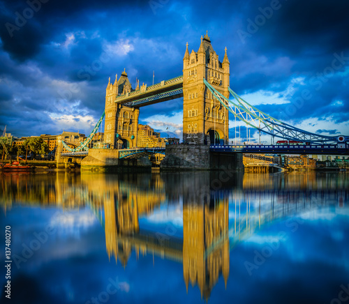 Tower Bridge on dramatic sky at London  UK