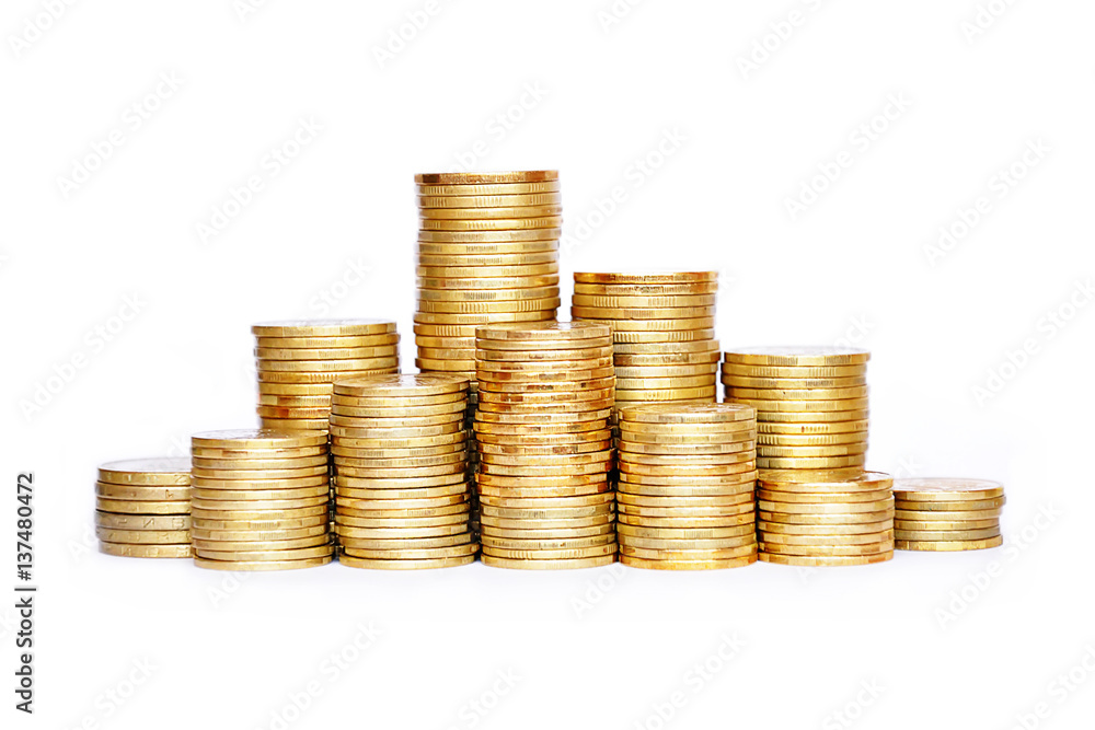 Many coins in column isolated on white Many coins in column isolated on white