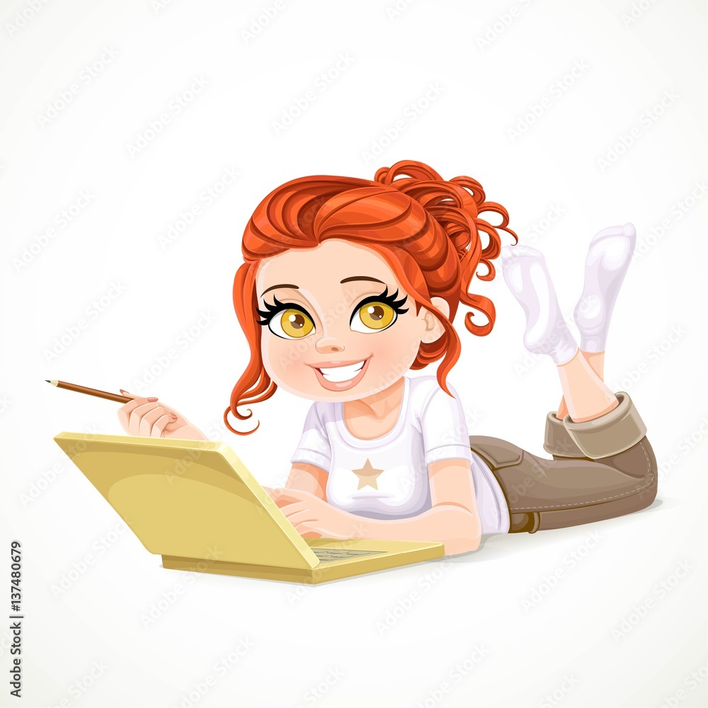 Beautiful redhaired girl lying on a white floor and working at a laptop Beautiful redhaired girl lying on a white floor and working at a laptop