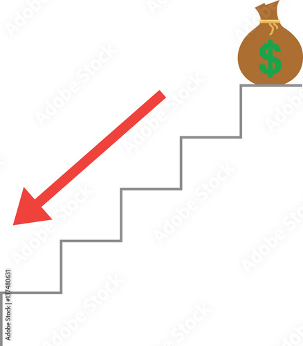 Dollar sack on stairs and arrow moving down