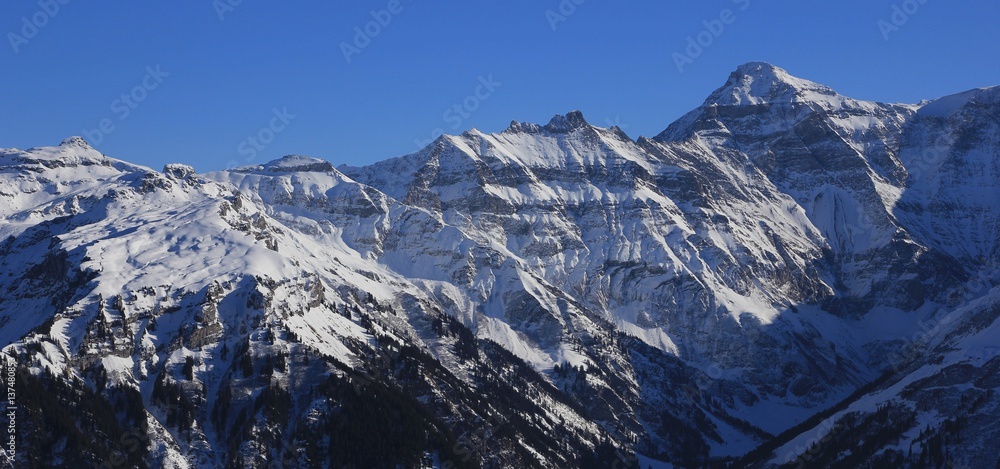 View from Braunwald, snow covered mountain Hausstock
