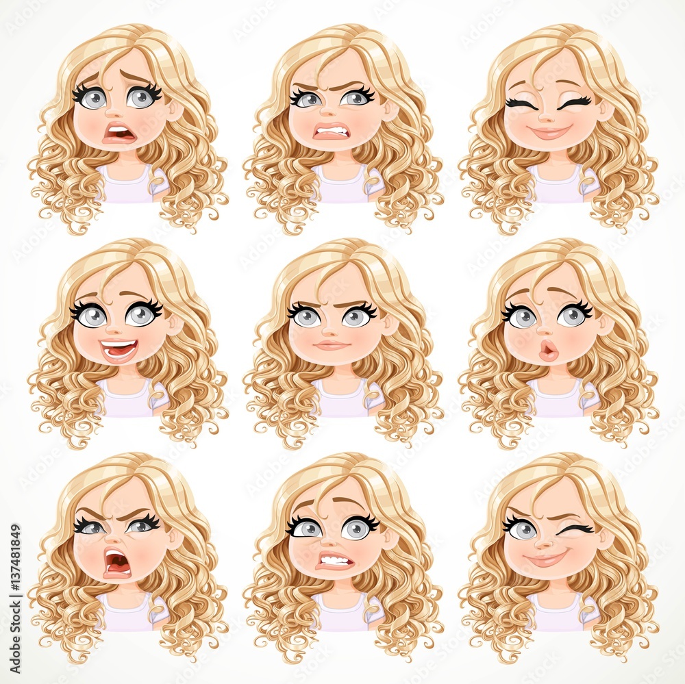 Beautiful cartoon blonde girl with magnificent curly hair portrait of different emotional states set 3 isolated on white background Stock Vector | Adobe Stock Beautiful cartoon blonde girl with magnificent curly hair portrait of different emotional states set 3 isolated on white background Stock Vector | Adobe Stock