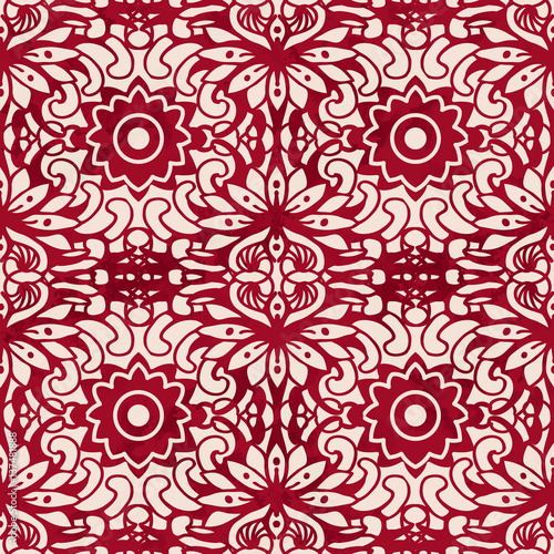 Seamless Vintage Red Chinese Background Curve Round Cross flower Kaleidoscope