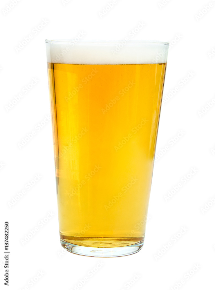 Pint glass of strong, gold beer, isolated on white background Pint glass of strong, gold beer, isolated on white background