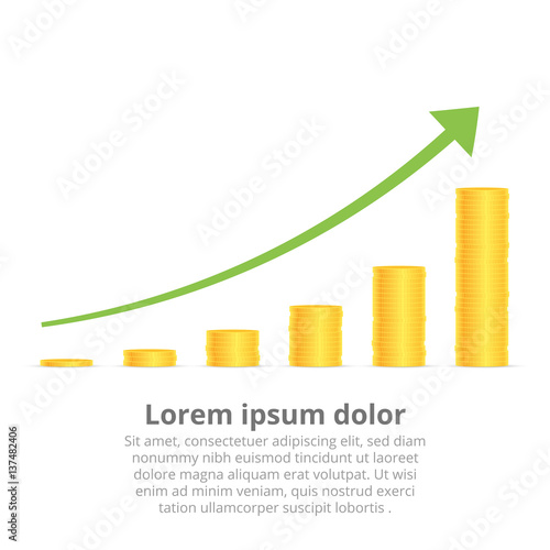 Stacks of gold coins graph arrow. Income and profits. Isolated on white background. Vector illustration.