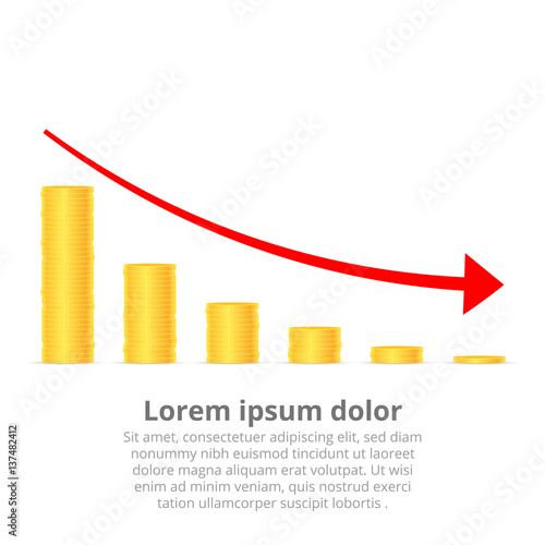 Stacks of gold coins graph arrow. Income and profits. Isolated on white background. Vector illustration.