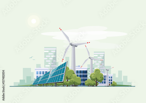 Green Eco City Urban with Solar Panels and Wind Turbines