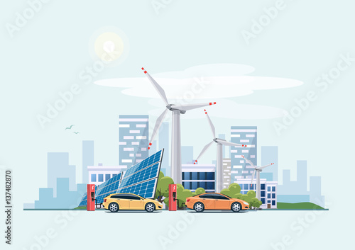 Electric cars charging eco city urban theme