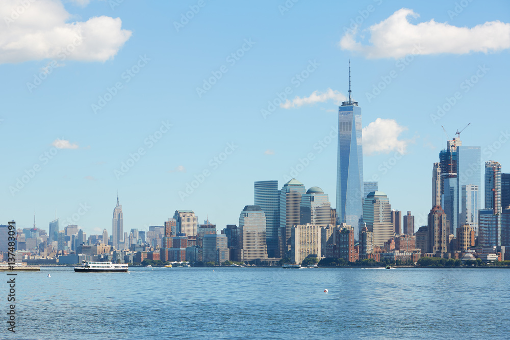 New York city skyline view with skyscrapers, blue sky