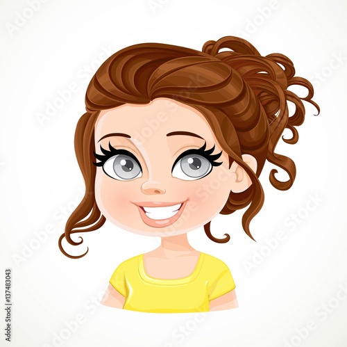 Beautiful brunette girl with long  dark chocolate color wavy hair bunched portrait isolated on white background