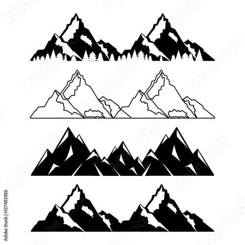 Set of mountains with snow and trees. Vector illustration