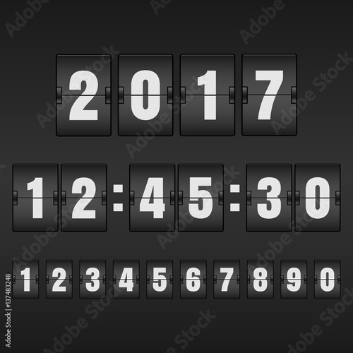 White countdown timer and mechanical scoreboard with different numbers. Vector illustration.
