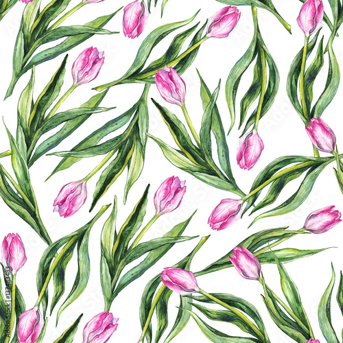 Watercolor flower floral pink tulip seamless pattern background © Silmairel