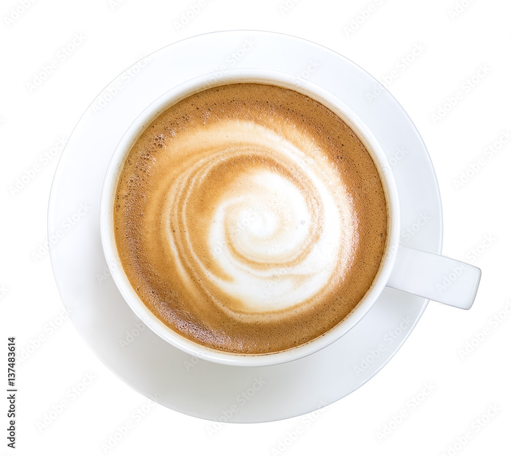 Fototapeta Odgórny widok gorący kawowy cappuccino odizolowywający na białym tle