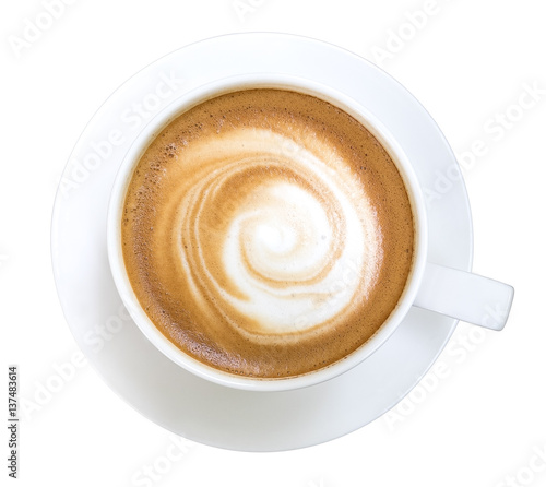 Leinwand Poster Top view of hot coffee cappuccino isolated on white background