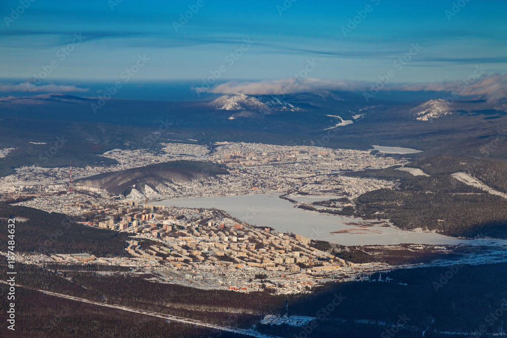 Zlatoust town in winter, aerial view