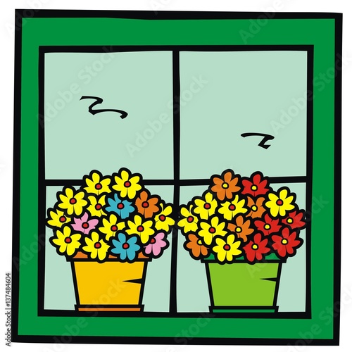 Two flowerpots in window. Vector illustration.