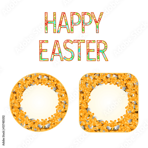 Buttons Happy easter with pussy willow and forsythia vintage vector illustration