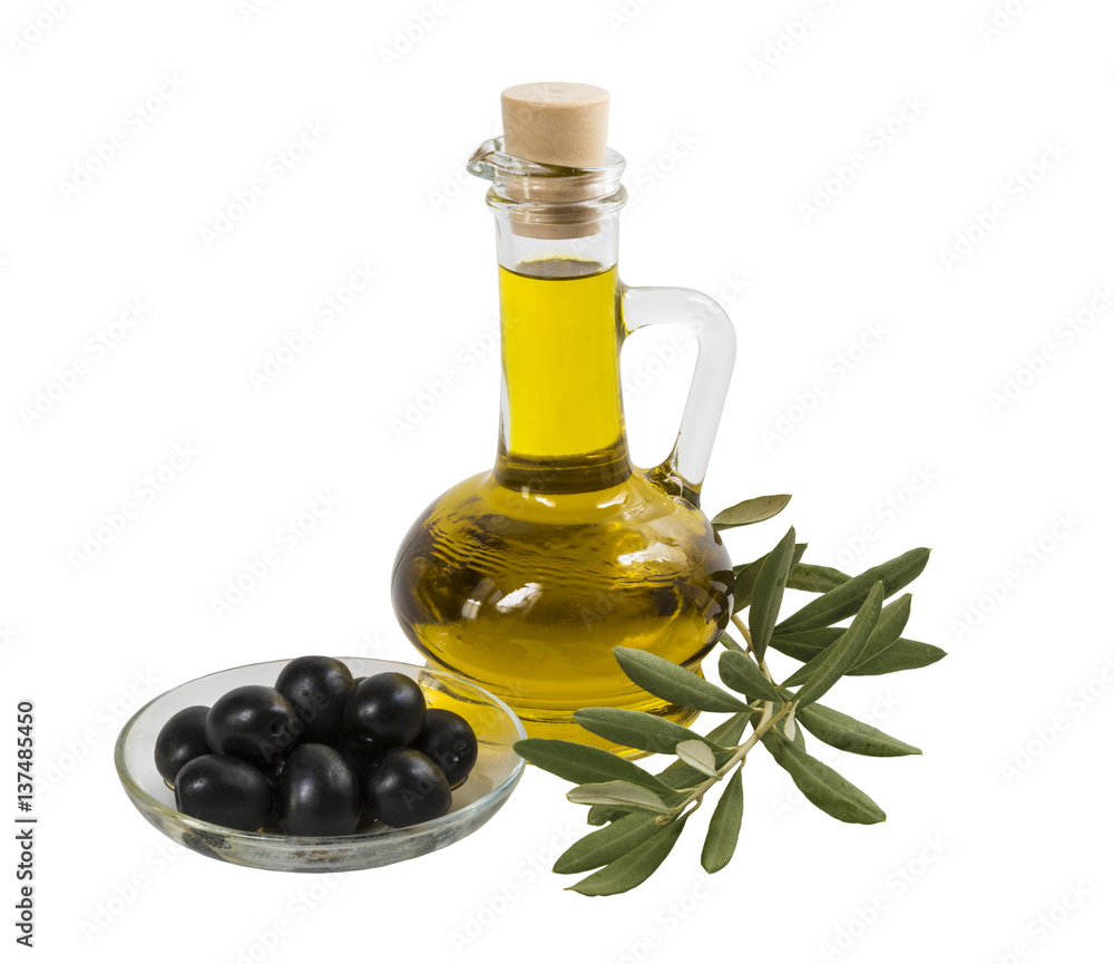 a bottle with olive oil, black olives on a plate and olive branch with leaves on a white background isolated a bottle with olive oil, black olives on a plate and olive branch with leaves on a white background isolated