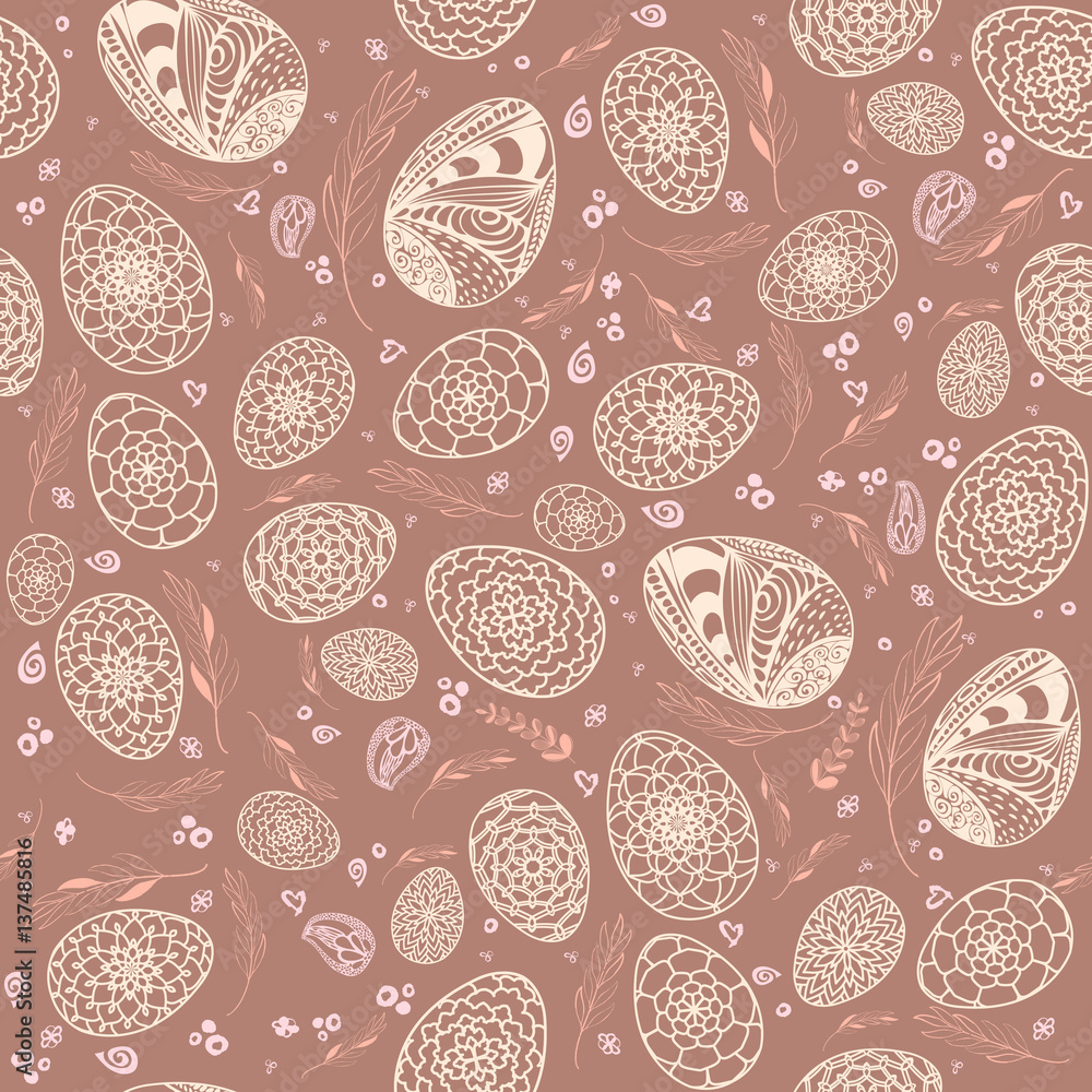 Decorative Easter Seamless Pattern with hand drawn ornamental eggs and floral elements in warm colors. Doodle style eggs. Decorative Easter Seamless Pattern with hand drawn ornamental eggs and floral elements in warm colors. Doodle style eggs.