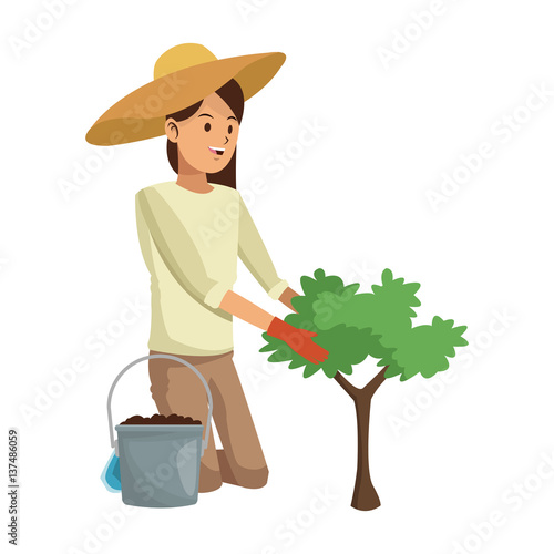 gardener woman with a green plant over white background. colorful design. vector illustration
