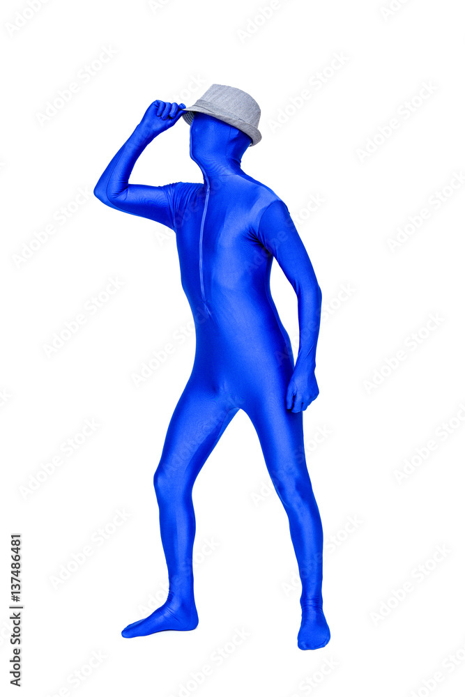 Mysterious blue man in morphsuit wears a white hat on his head Mysterious blue man in morphsuit wears a white hat on his head