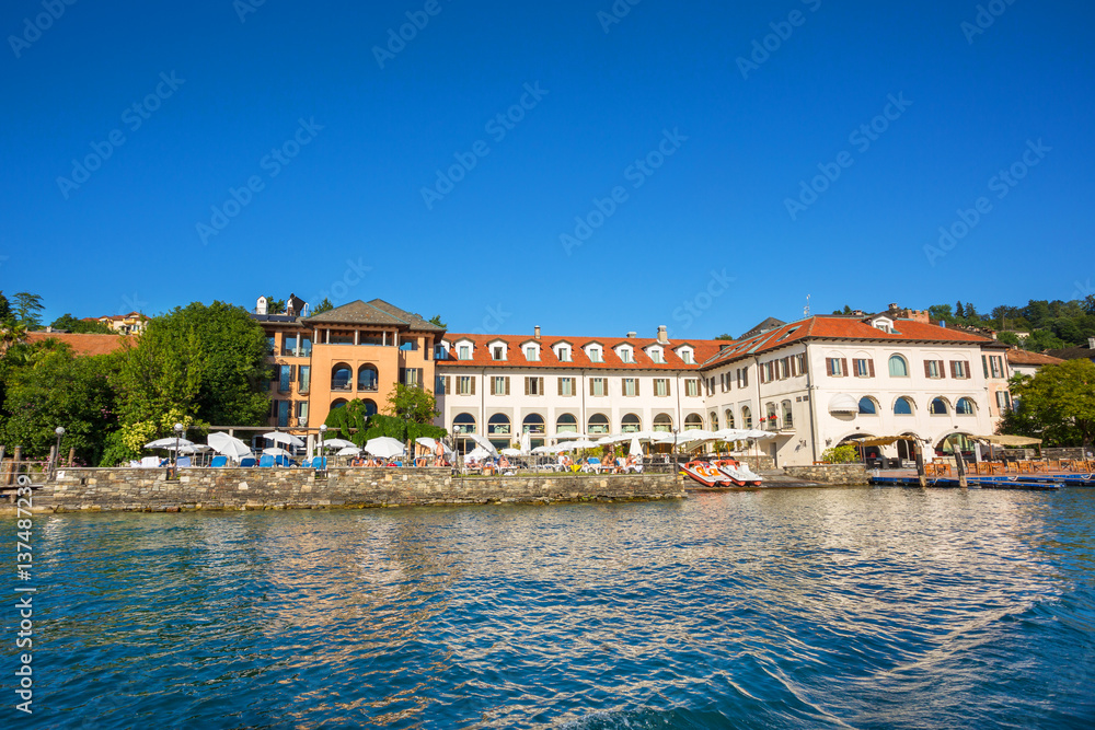 Lakeside promenade at Orta, view from San Giulio island, Hotel San Rocco, Piedmont, Italy, Europe