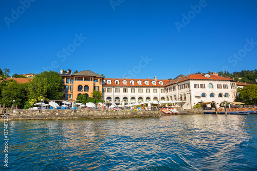 Lakeside promenade at Orta, view from San Giulio island, Hotel San Rocco, Piedmont, Italy, Europe © elitravo