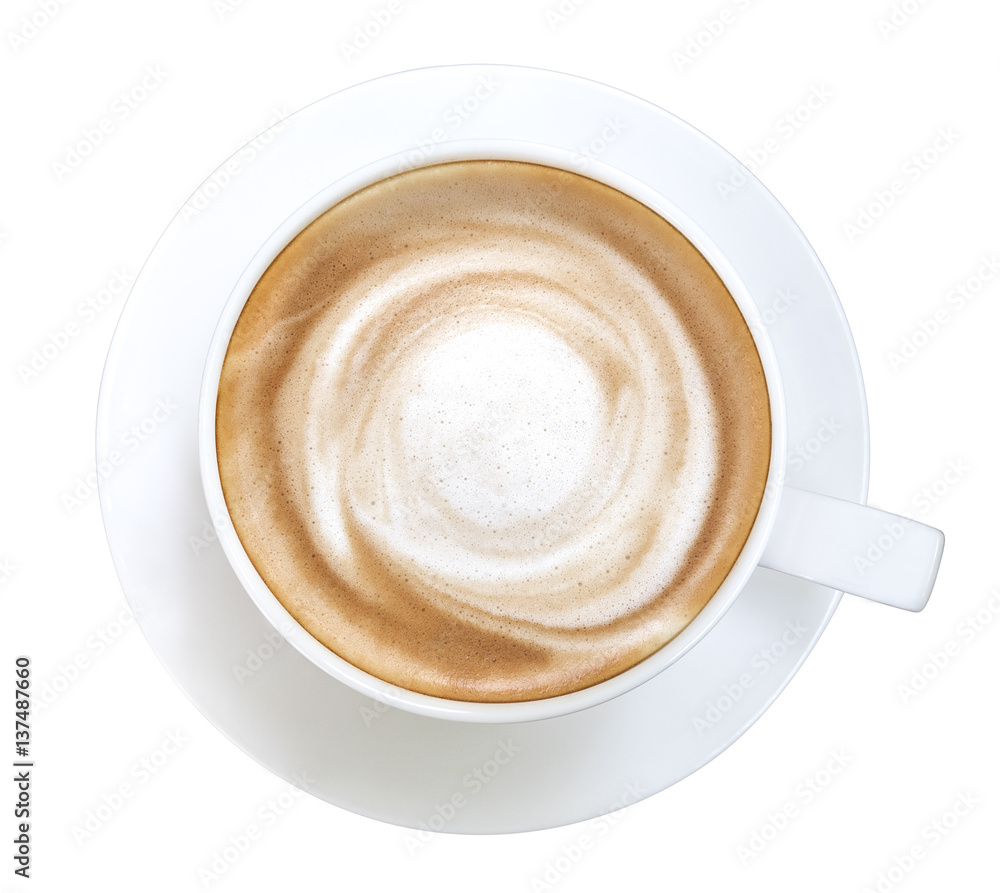 Hot cappuccino coffee spiral foam top view isolated on white background, clipping path included Hot cappuccino coffee spiral foam top view isolated on white background, clipping path included
