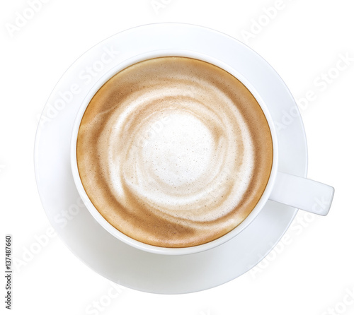 Hot cappuccino coffee spiral foam top view isolated on white background, clipping path included
