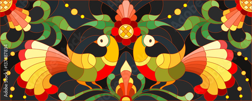 Illustration in stained glass style with a pair of birds , flowers and patterns on a dark background , horizontal image,the imitation of painting Khokhloma © Zagory