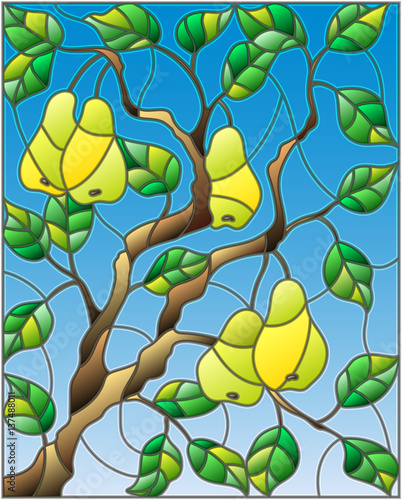 Illustration in the style of a stained glass window with the branches of pear  tree , the fruit branches and leaves against the sky