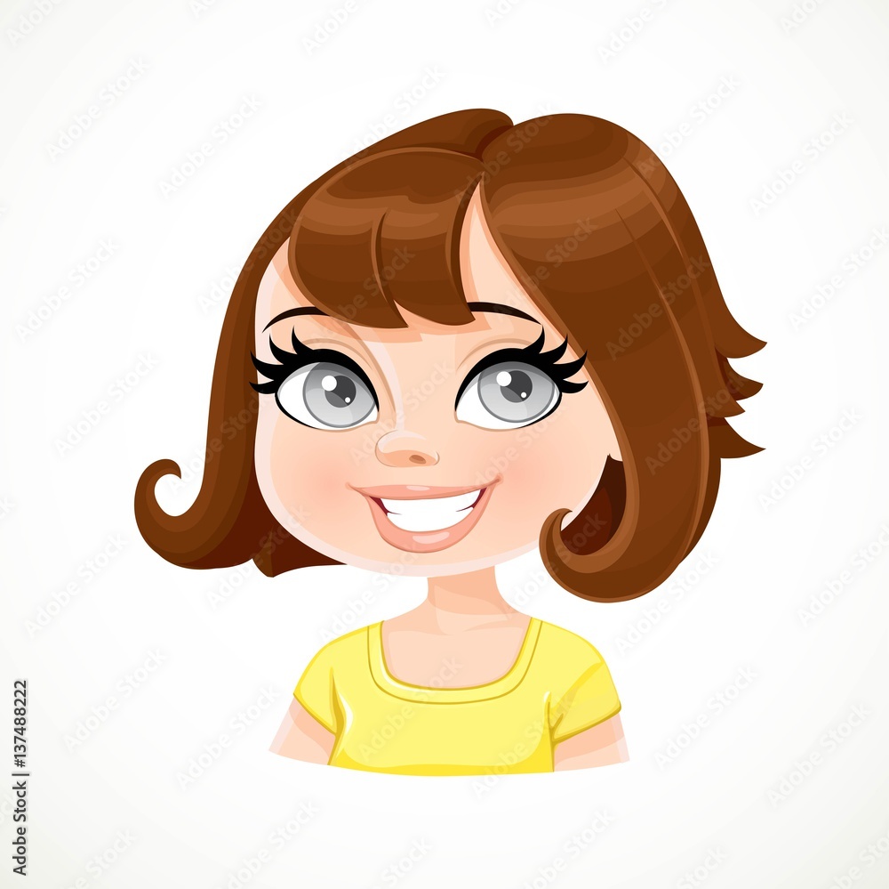 Beautiful brunette girl with brown dark chocolate color hair with short haircut with bangs portrait isolated on white background Beautiful brunette girl with brown dark chocolate color hair with short haircut with bangs portrait isolated on white background