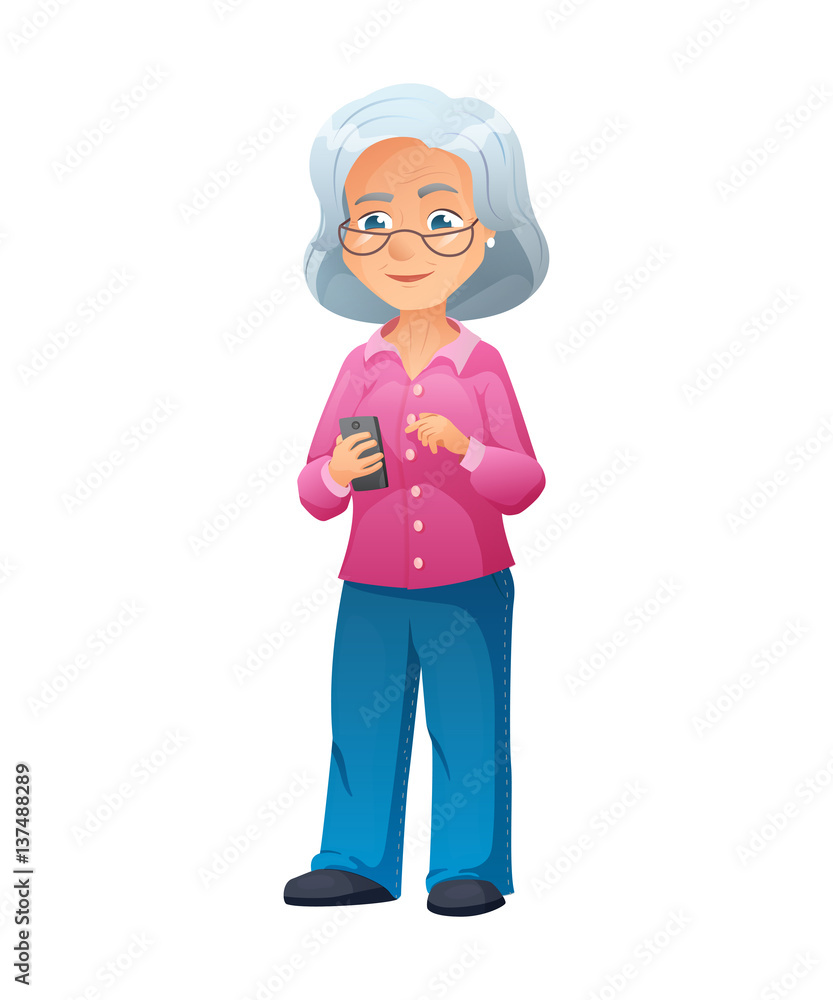vector illustration of an old active lady with glasses, who is dressed in jeans and shirt. She is standing and surfing the internet on a smartphone vector illustration of an old active lady with glasses, who is dressed in jeans and shirt. She is standing and surfing the internet on a smartphone