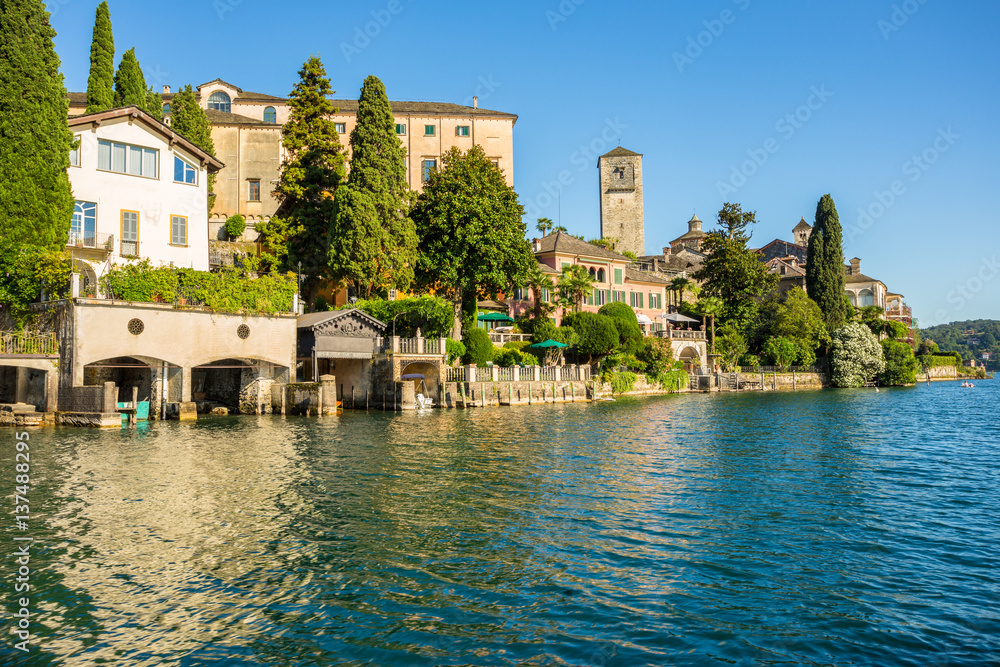 Village of Orta and the Island of San Giulio on Lake Orta, Italy