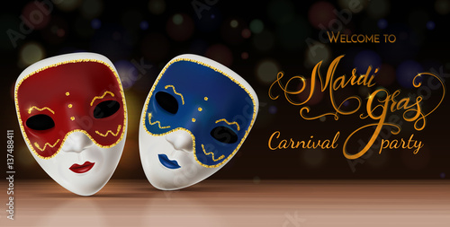 Vector carnival mask with lettering. Invitation to carnival with colorful shiny background. Vector illustration EPS 10.