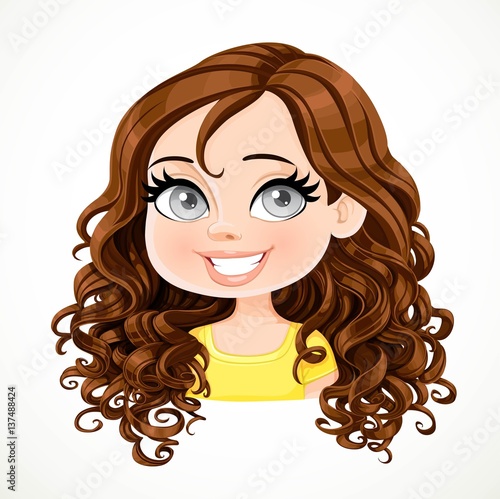 Beautiful brunette girl with magnificent brown dark chocolate color curly hair portrait isolated on white background