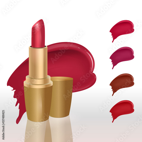Makeup colorful lipstick set, lipstick swatches for catalog template. Vector illustration EPS 10.
