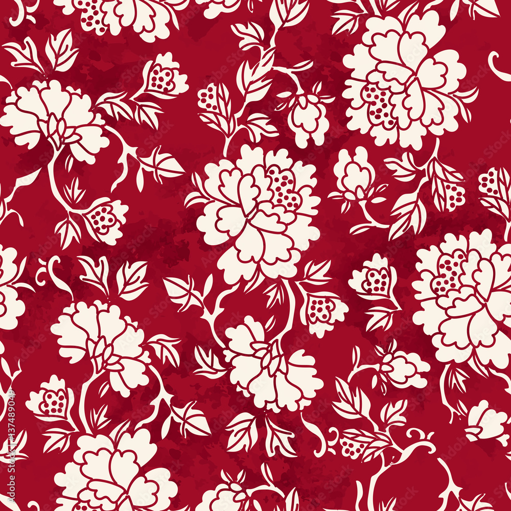 Fototapeta premium Seamless Vintage Red Chinese Background Botanic Garden Flower Leaf