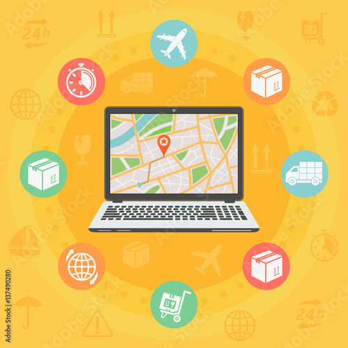Concept of the shipping parcel tracking order. Flat vector illustration